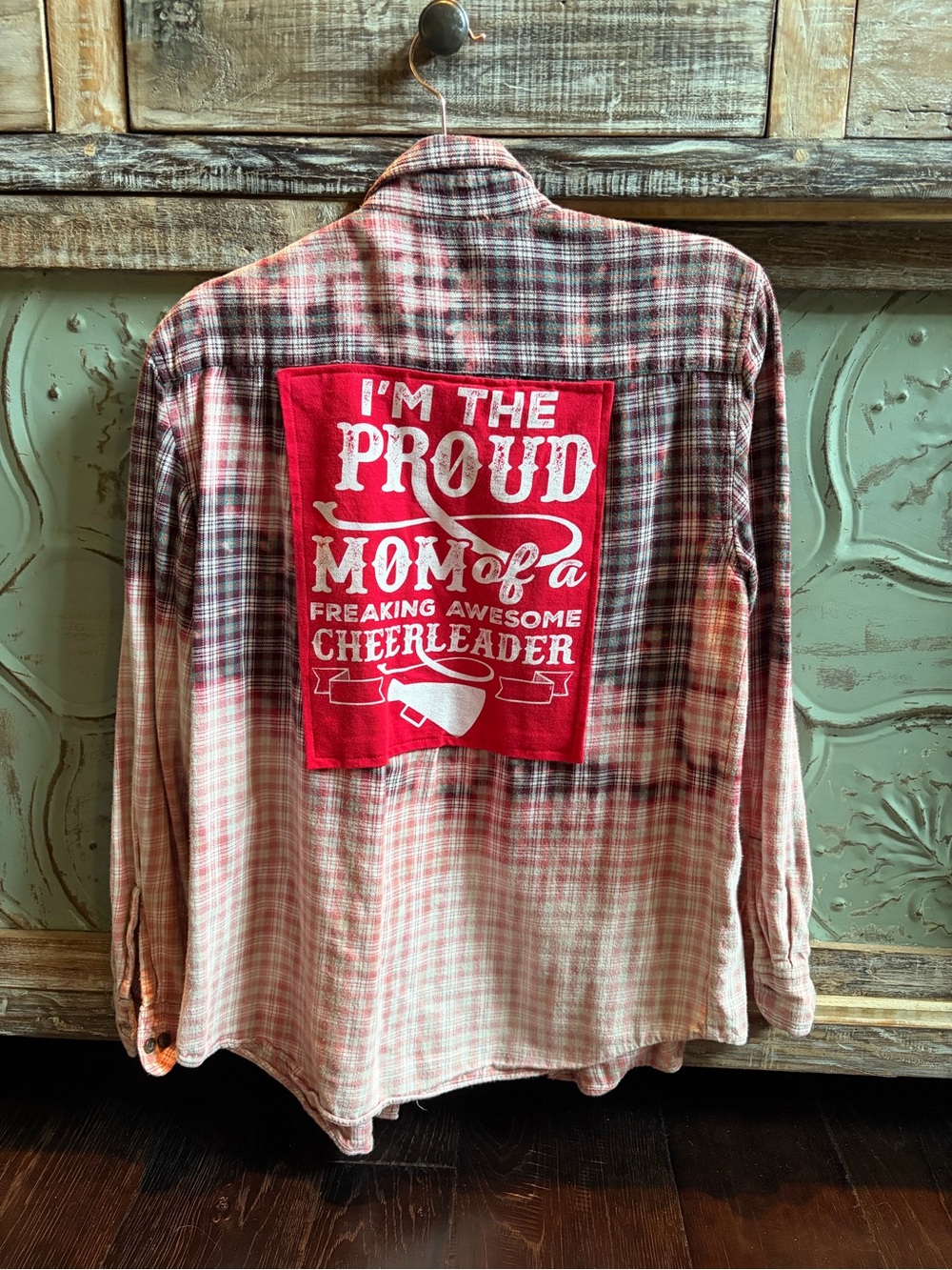 Upcycled Women’s Red Plaid Oversized Shirt with custom Proud Mom of Cheerleader